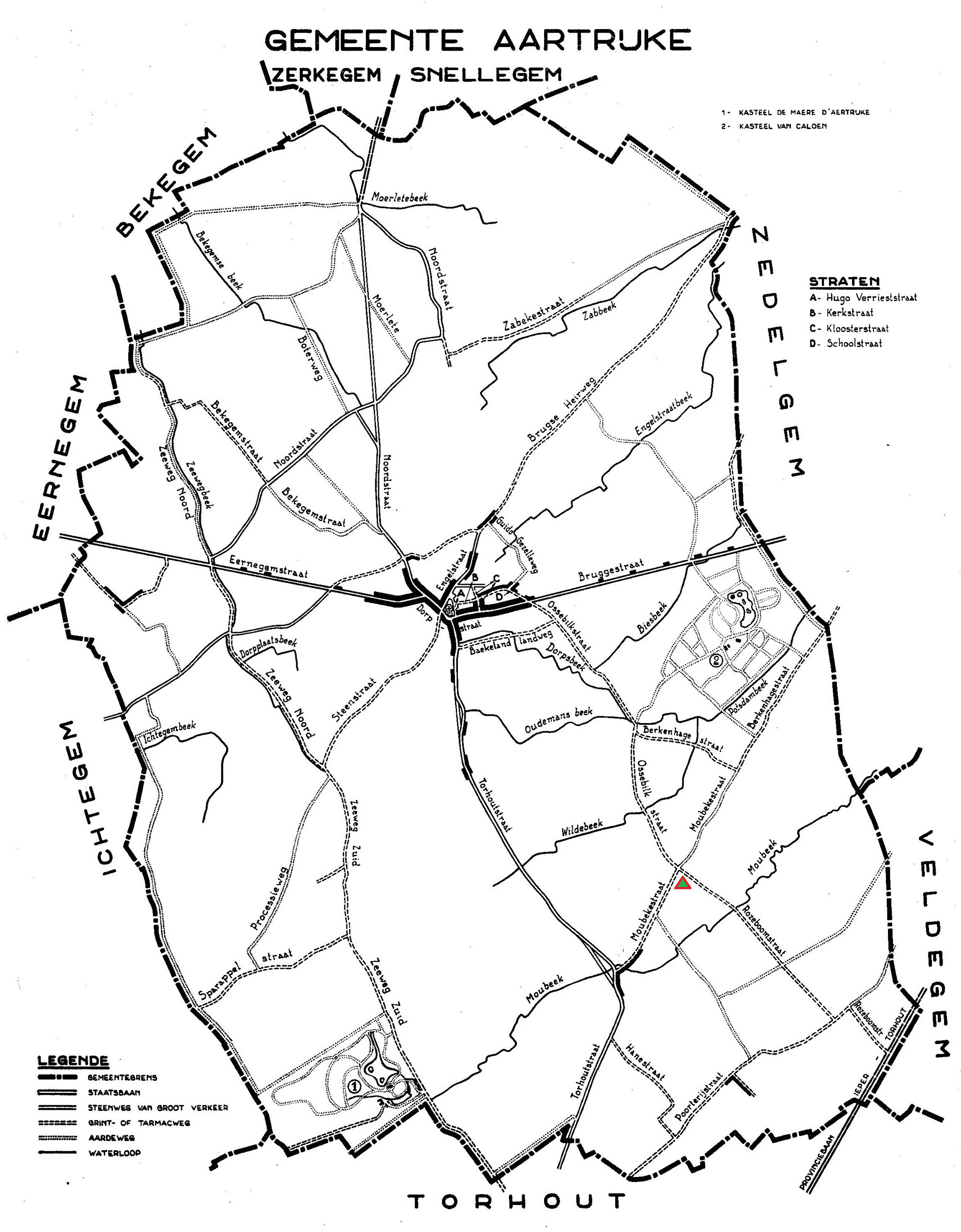 Plan de la commune d’Aartrijke (1959) │ Le triangle rouge et vert indique l’emplacement du camp des prisonniers italiens en 1918 │ Source : Dit is West-Vlaanderen. Steden – Gemeenten - Bevolking, Deel 1, St-Andries, Flandria, 1959, p.48.