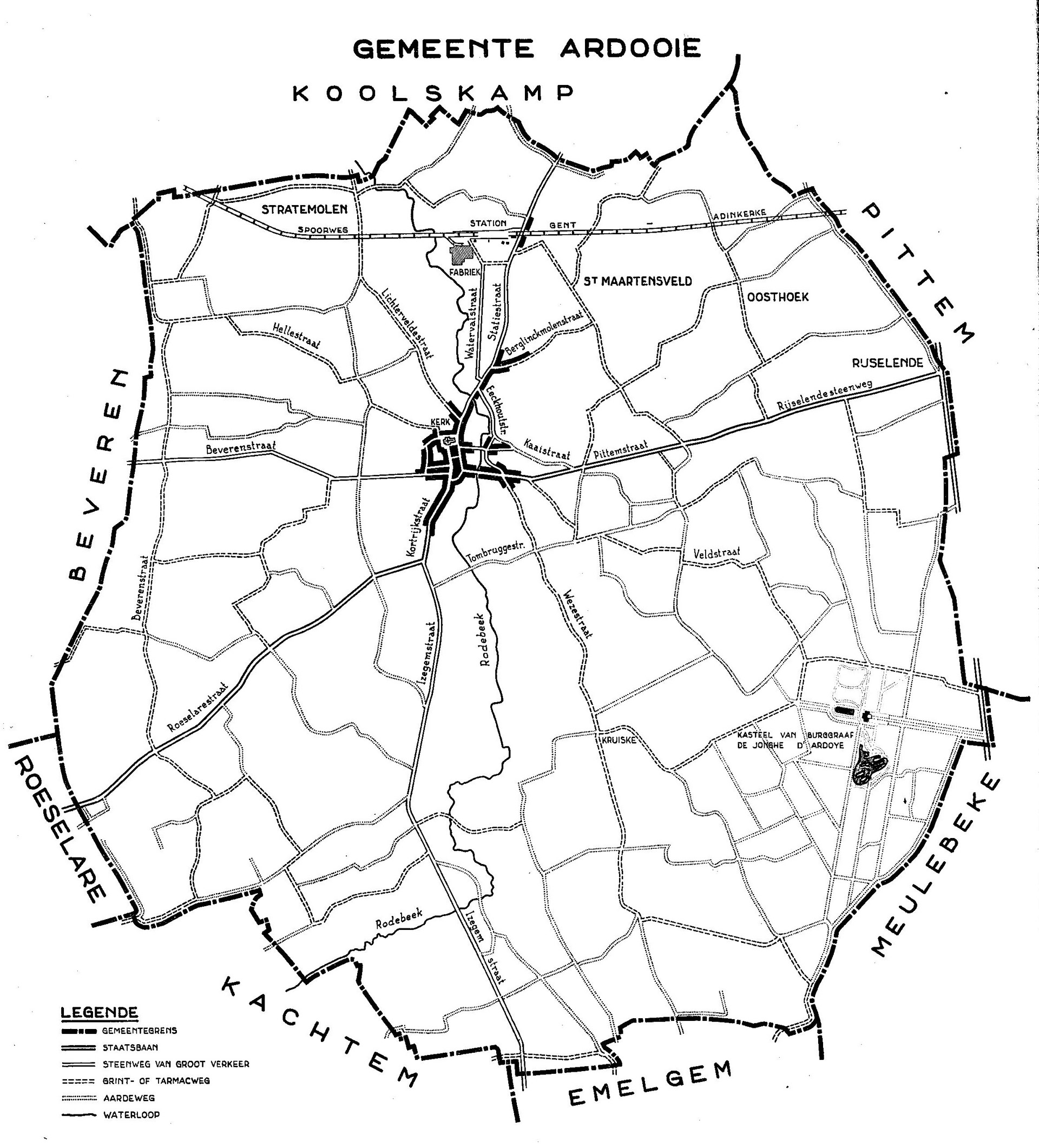 Plan de la commune d’Ardooie (1959) │ Le camp des prisonniers italiens était implanté dans la « Fabriek » à côté de la ligne de chemin de fer │ Source : Dit is West-Vlaanderen. Steden – Gemeenten - Bevolking, Deel 1, St-Andries, Flandria, 1959, p.74.