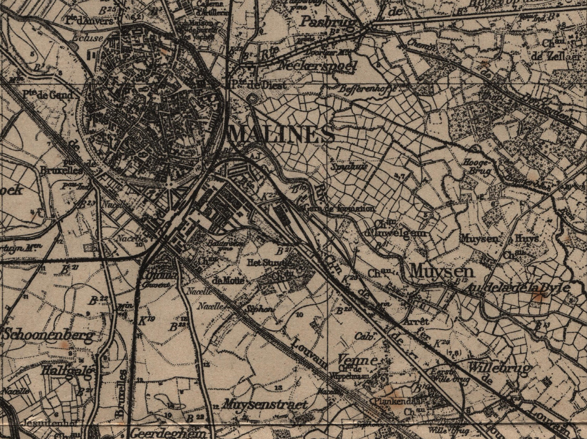 Carte topographique de Malines et Muizen (1915) : la propriété de Jeanne Van Delft, au bord de la Dyle, est indiquée « Chau » à gauche de « Muyzen » │ Belgien - 1 :60.000 - Malines 23 │ col. pdgit1918