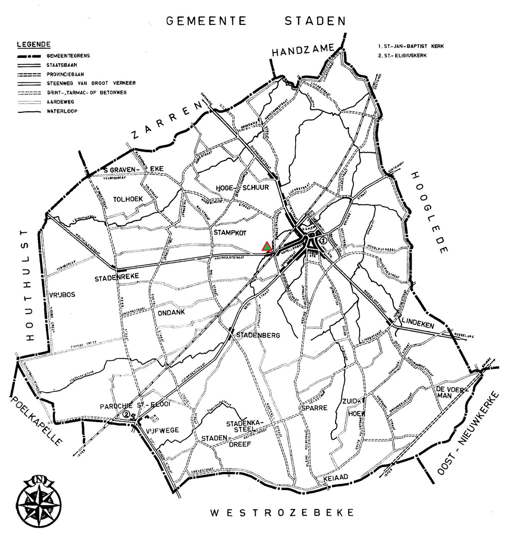 Plan de la commune de Staden (1962) │ Le triangle rouge et vert indique l’emplacement du camp des prisonniers italiens en 1918 │ Source : Dit is West-Vlaanderen. Steden – Gemeenten - Bevolking, Deel 3, St-Andries, Flandria, 1962, p.1811.