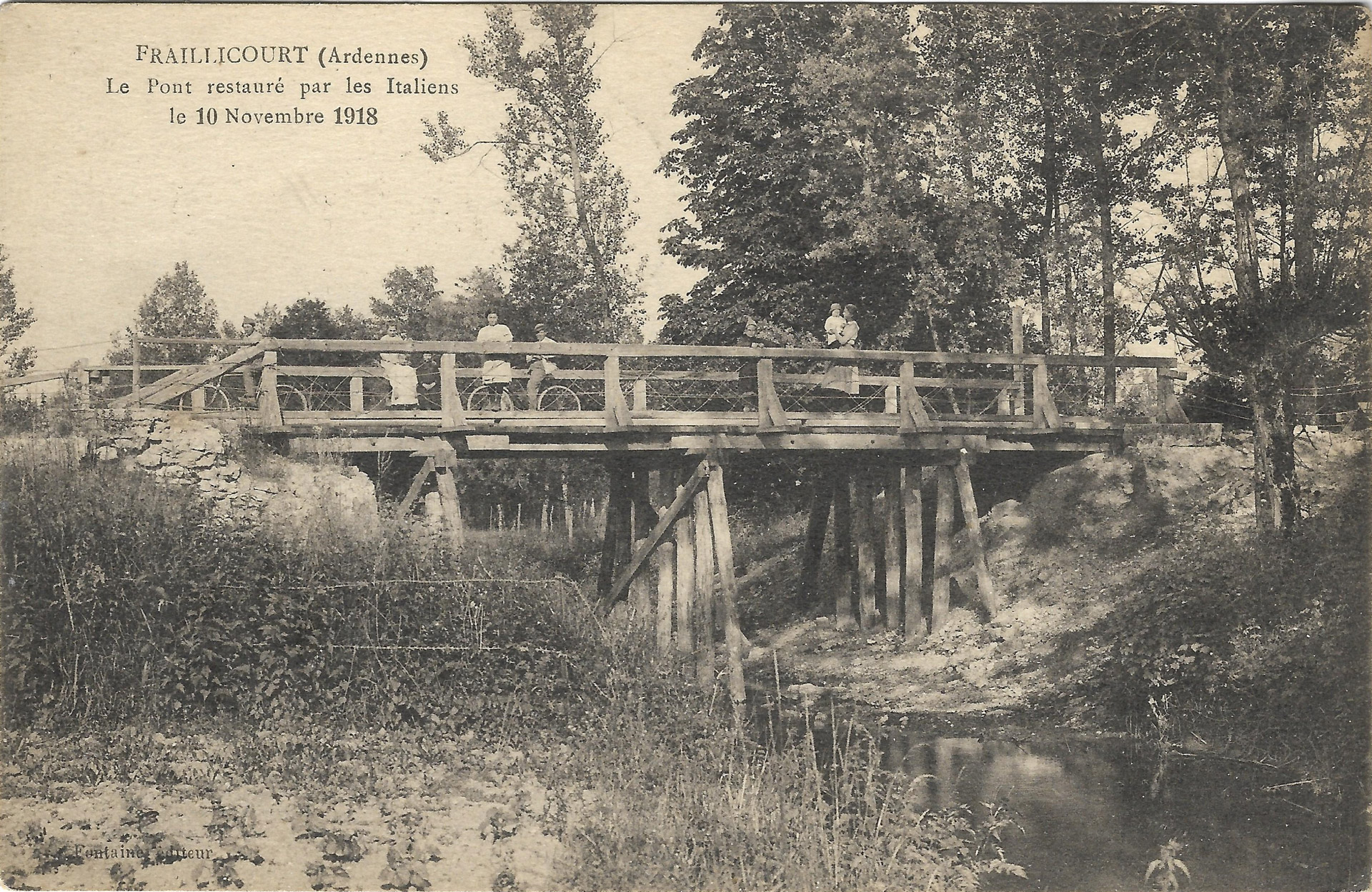 Fraillicourt, le pont reconstruit par les hommes du 2e corps d’armée italien en novembre 1918 │ Carte postale, circulée le 11.9.1924 │ col. pdgit1918