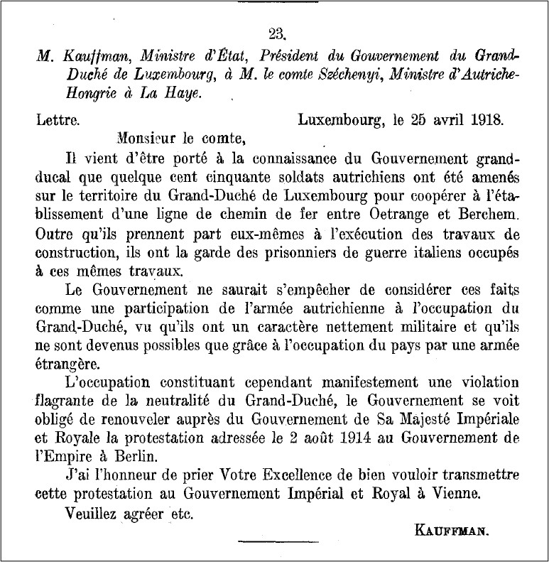 Fac-similé de la lettre du Président du Gouvernement luxembourgeois du 25 avril 1918 dénonçant l’exploitation de prisonniers italiens sur le territoire du Grand-Duché du Luxembourg