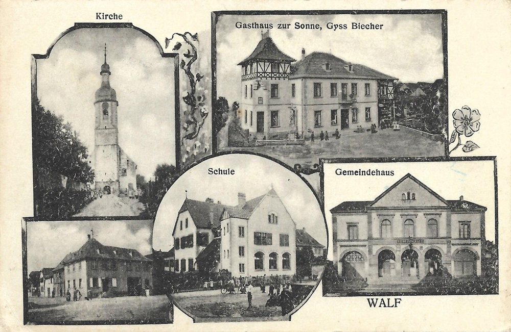 Une carte multi-vues de Valff (Walf en allemand) avec notamment la mairie (Gemeindehaus) où fut enregistré le décès d’un prisonnier italien le 7 octobre 1918 │ Carte postale circulée en 1918 │ col. pdgit1918