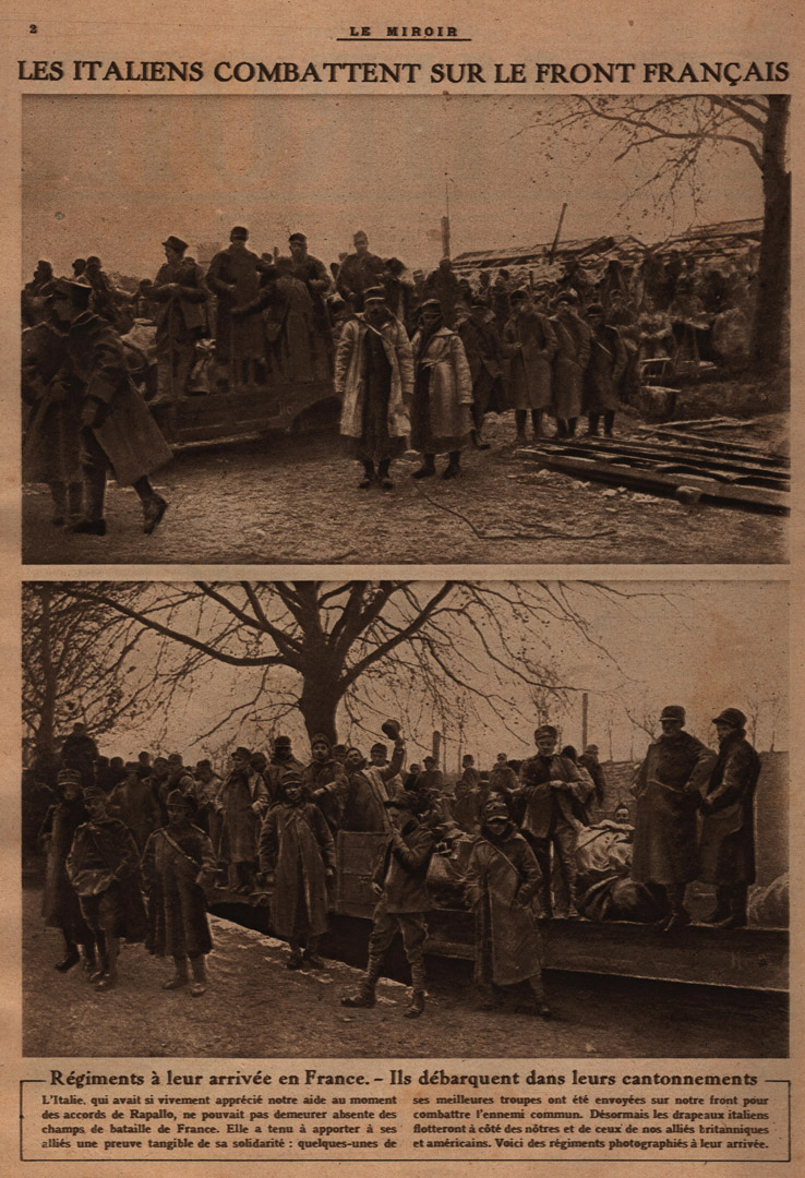 Deux clichés montrant l’arrivée d’éléments du 2e Corps d’Armée italien en France en avril 1918 │ Le Miroir, 5 mai 1918, p.2