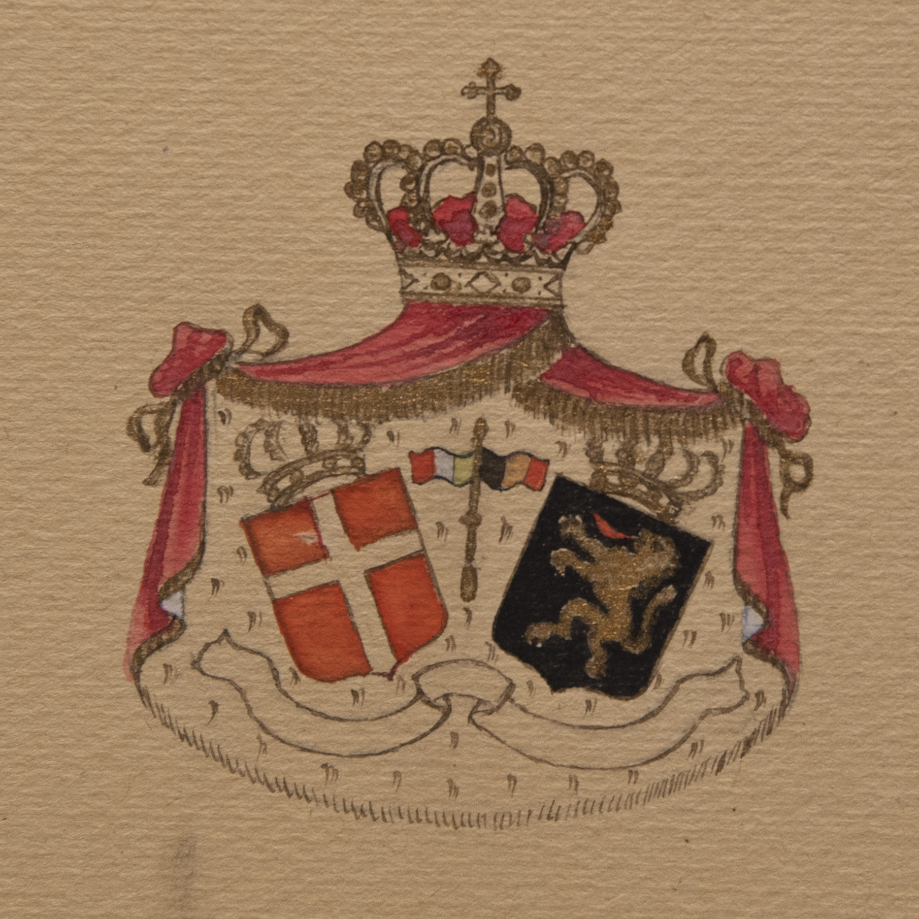 Les blasons de la Maison de Savoie et de la Maison de Belgique, emblèmes des familles royales italienne et belge.