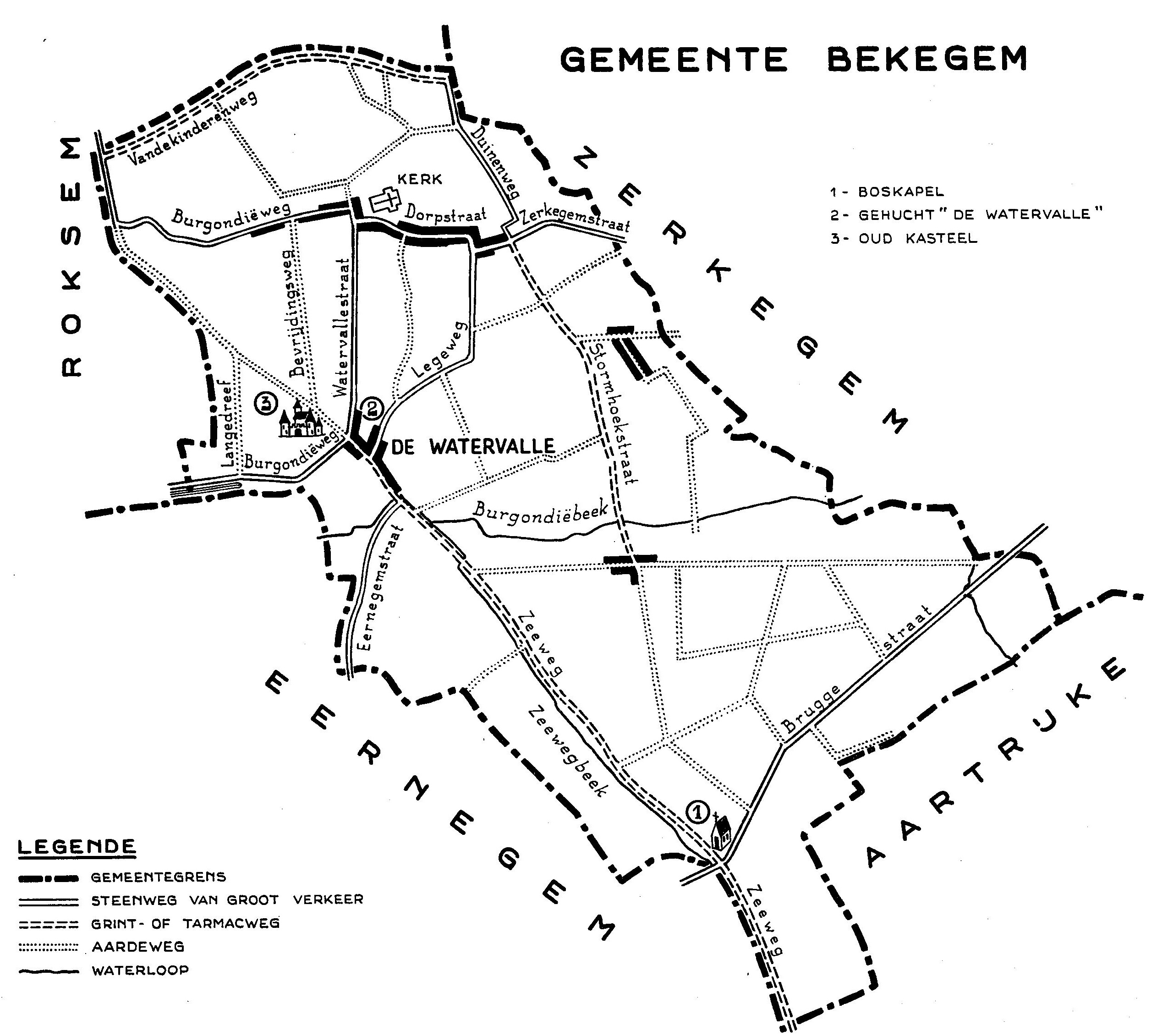Plan de la commune de Bekegem (1959) │ Le camp des prisonniers italiens était situé dans le bois à côté de la « Boskapel » │ Source : Dit is West-Vlaanderen. Steden – Gemeenten - Bevolking, Deel 1, St-Andries, Flandria, 1959, p.124.