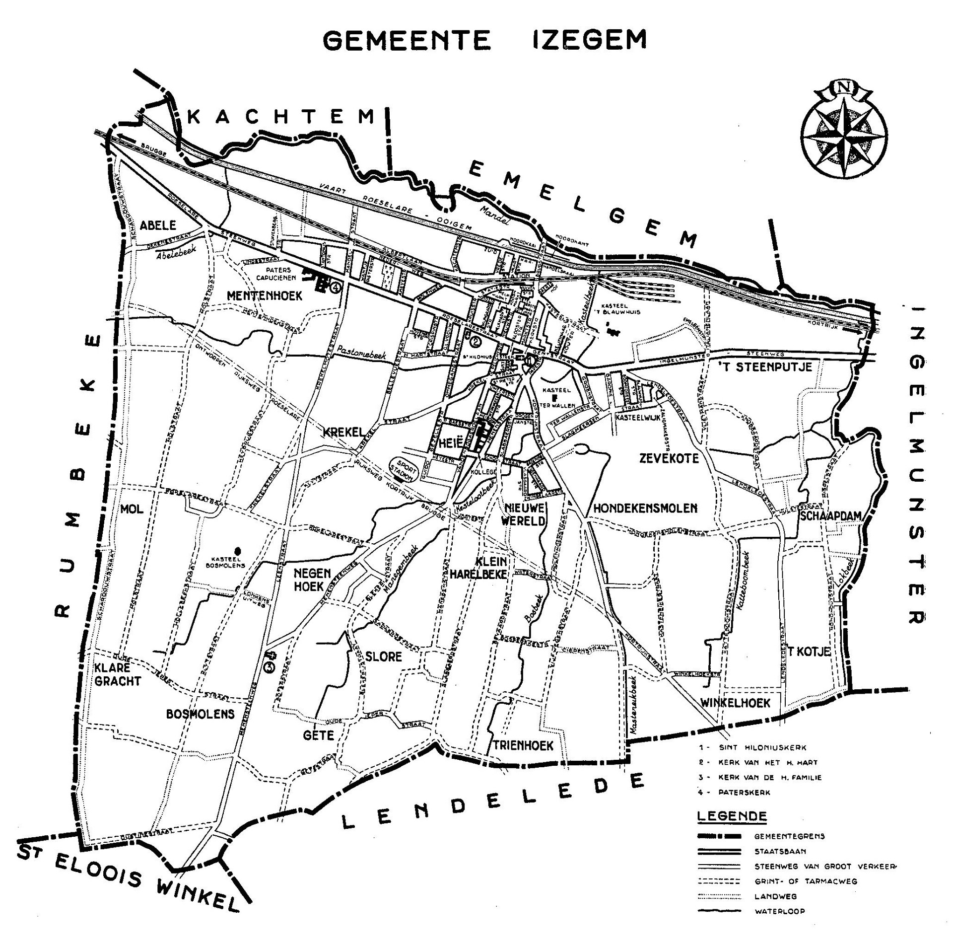 Plan de la commune d’Izegem (1959) │ Le camp des prisonniers italiens était situé dans le parc du « Kasteel Bosmolens ». Le couvent des Pères Capucins (« Paters Capucienen ») est indiqué par le numéro 4 │ Source : Dit is West-Vlaanderen. Steden – Gemeenten - Bevolking, Deel 1, St-Andries, Flandria, 1959, p.636.