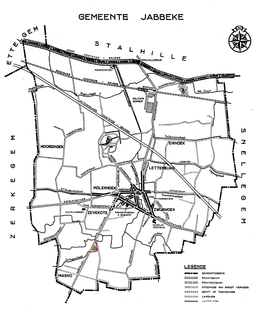Plan de la commune de Jabbeke (1959) │ Le triangle rouge et vert indique l’emplacement du camp des prisonniers italiens en 1918 │ Source : Dit is West-Vlaanderen. Steden – Gemeenten - Bevolking, Deel 1, St-Andries, Flandria, 1959, p.676.